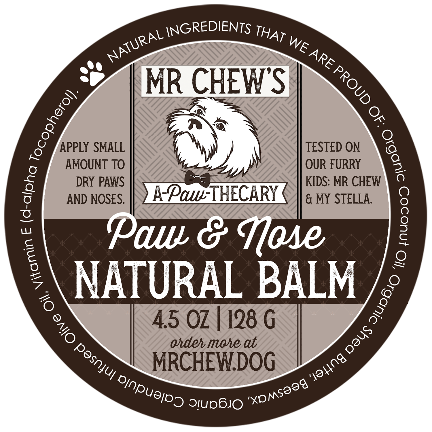 label for Mr Chew's Apawthecary Paw & Nose Balm
